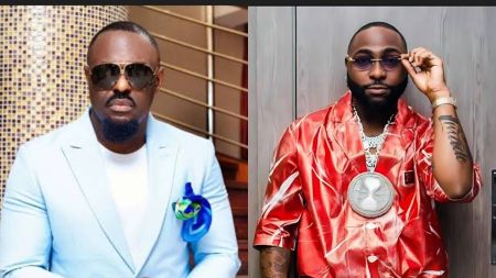 Side-by-side photo showing Nigerian actor Jim Iyke wearing a light blue suit and sunglasses on the left, and Nigerian singer Davido wearing a red patterned shirt, sunglasses, and a large pendant on the right.