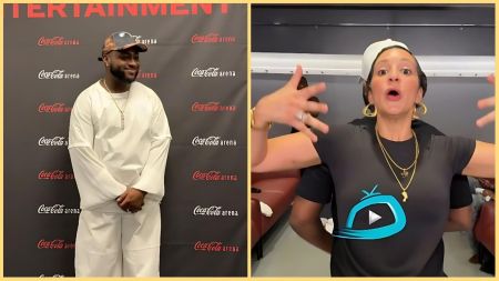 Side-by-side photos showing Davido smiling in a white outfit at the Coca-Cola Arena and content creator Mai animatedly gesturing while filming a TikTok challenge linked to Nicki Minaj.