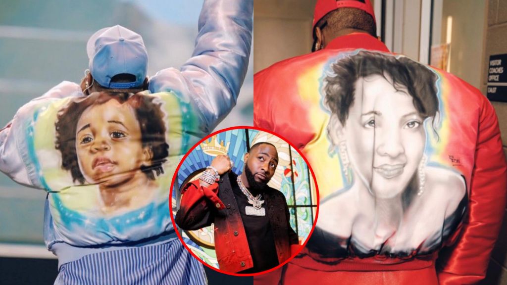 A collage showing singer Davido wearing two custom jackets: one painted with a portrait of his late son Ifeanyi and another featuring a portrait of his late mother Veronica Imade Adeleke. A smaller centre image shows Davido posing indoors with a red-and-black jacket.