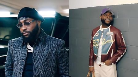 Side-by-side photos of Nigerian singer Davido: on the left, he wears a patterned dark jacket, glasses and a black beanie; on the right, he smiles while leaning against a wall, dressed in a colourful leather jacket, white shirt and purple cap.