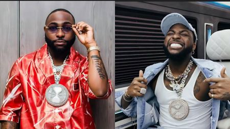 Side-by-side photos of Nigerian singer Davido. In the first image, he wears a shiny red shirt with a large diamond pendant while adjusting his sunglasses. In the second image, he smiles widely inside a luxury vehicle, wearing a white vest, blue jacket and layered diamond chains.