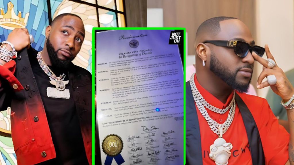 Collage featuring Nigerian music star Davido. On the left and right, he poses wearing stylish outfits, heavy diamond jewelry, and sunglasses. The center image shows the official Atlanta City Council proclamation recognizing “Davido Day,” with signatures and a gold seal at the bottom.