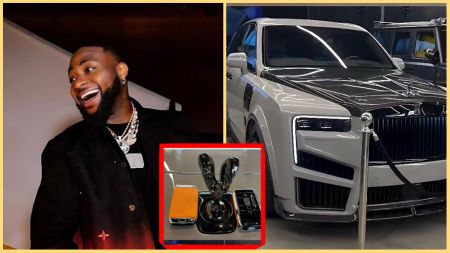 Collage showing Davido smiling on the left, and on the right a customised white Rolls-Royce Cullinan Mansory SUV with a carbon-fibre hood, plus an inset close-up of the Spirit of Ecstasy hood ornament and key fobs.