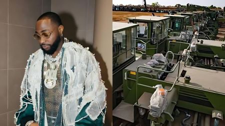 Left: A man resembling Davido stands indoors wearing glasses, layered jewellery, and a detailed white-and-green outfit. Right: A long row of green tractors is parked outdoors on a wide dirt lot.