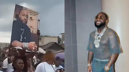 A split image showing a crowd of fans in a street parade holding a large printed portrait of Davido on the left, and Davido smiling in a stylish mesh outfit with layered jewelry while posing indoors on the right.