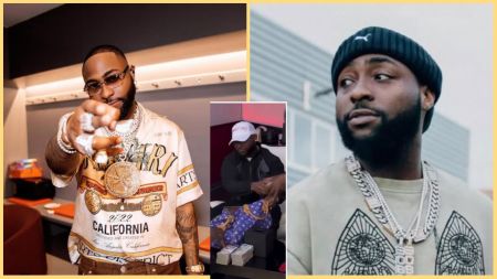 : A collage featuring Nigerian singer Davido in two portrait shots, with a smaller centre image showing a man handling stacks of cash beside a designer bag during a suspected luxury car purchase.