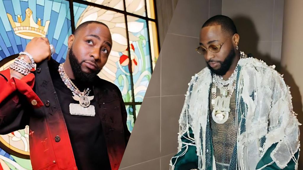 A side-by-side collage showing Nigerian singer Davido in two stylish outfits. On the left, he poses in a red-and-black jacket with layered diamond jewellery in front of a colourful stained-glass crown backdrop. On the right, he wears a textured white-and-green outfit with heavy chains, looking down indoors.