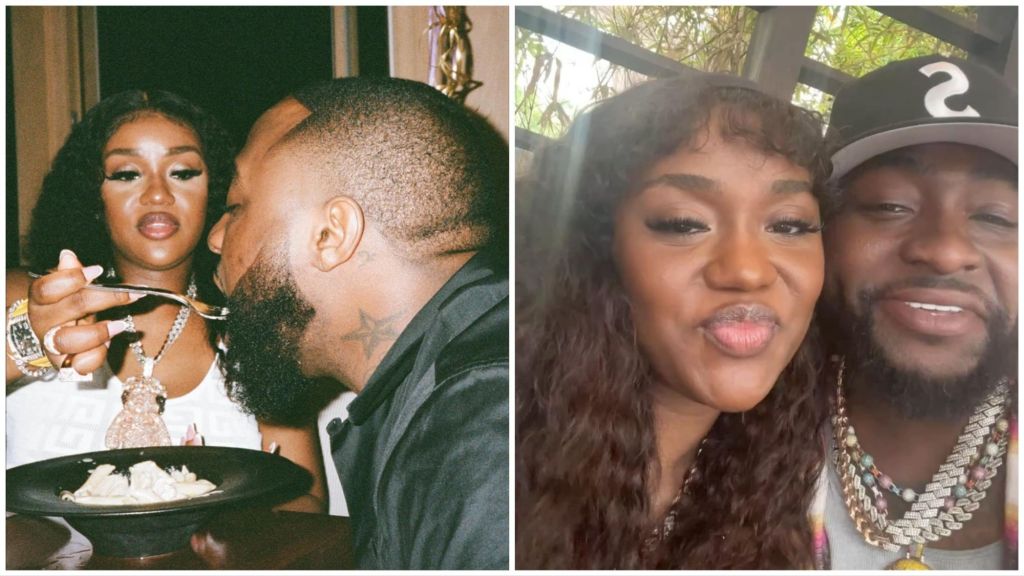 A collage showing Chioma feeding Davido a bite of pasta in a close-up dinner photo on the left, and a second close-up selfie of the couple smiling together outdoors on the right.