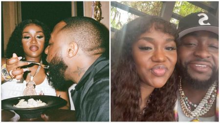 A collage showing Chioma feeding Davido a bite of pasta in a close-up dinner photo on the left, and a second close-up selfie of the couple smiling together outdoors on the right.