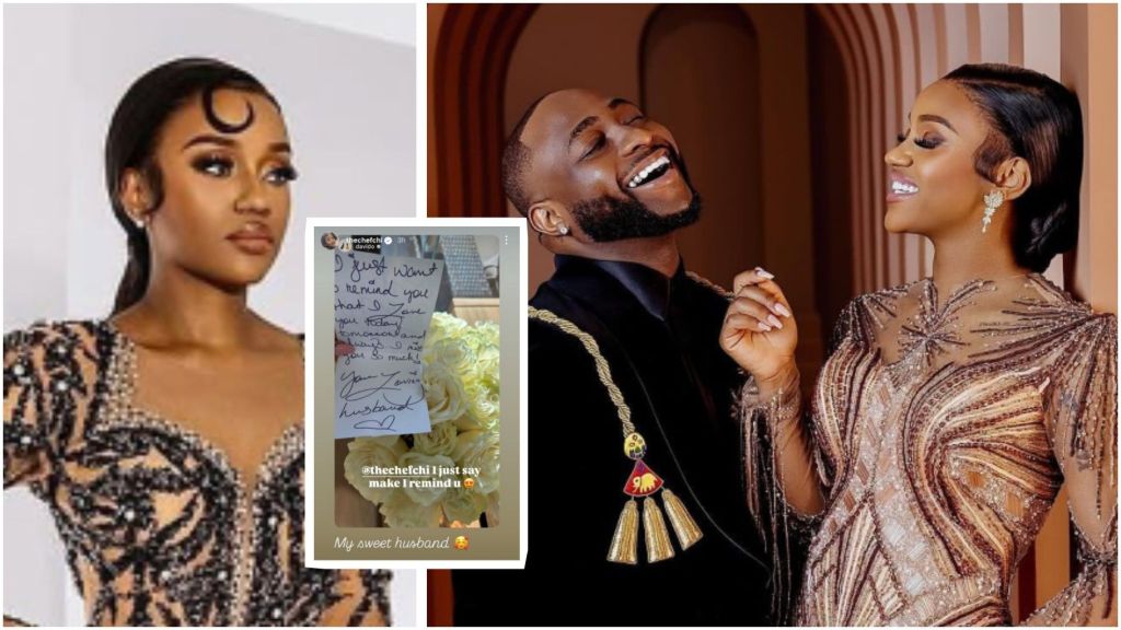 Collage showing Chioma Rowland in a beaded gown, a screenshot of Davido’s handwritten love note placed on a bouquet of white roses, and a joyful photo of Davido and Chioma dressed in matching gold-toned outfits.