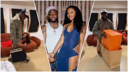 A collage showing Davido unboxing a large orange Hermès box in a studio room, Chioma Adeleke posing with Davido in a blue dress at the centre, and Davido holding the Hermès bag on the left while Chioma smiles from the couch.