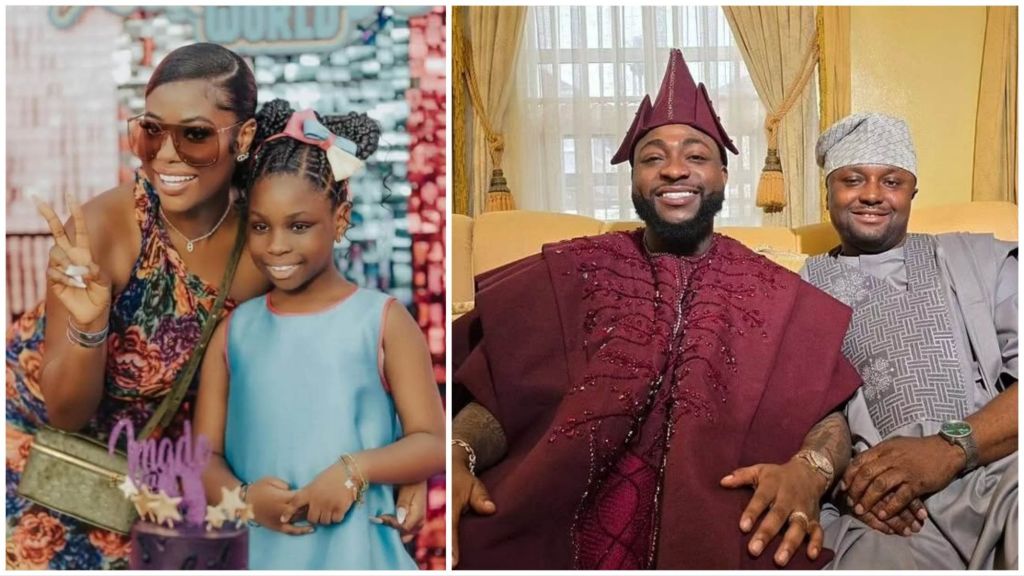 Side-by-side photo collage showing Sophia Momodu smiling and posing with her daughter Imade on the left, while Davido sits dressed in a burgundy agbada beside his aide Israel DMW on the right.