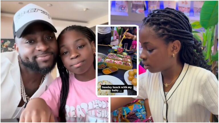 A collage showing Davido posing with his daughter Imade, and another photo of Imade at a lunch table picking food.