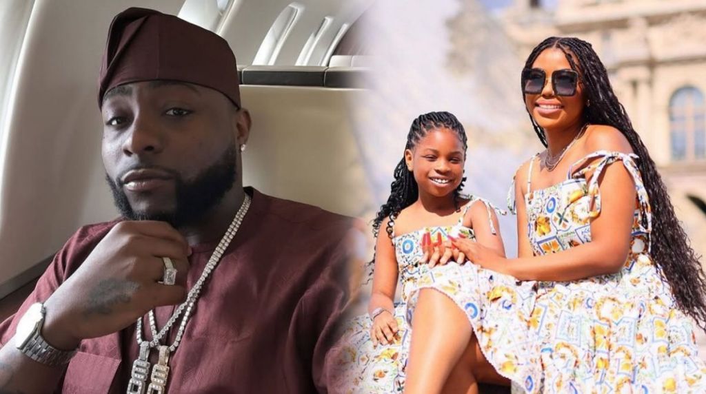 A split-image showing Davido seated inside a private jet wearing a wine-coloured traditional outfit and jewellery, beside a photo of Sophia Momodu and their daughter Imade sitting outdoors in matching colourful dresses, smiling at the camera.