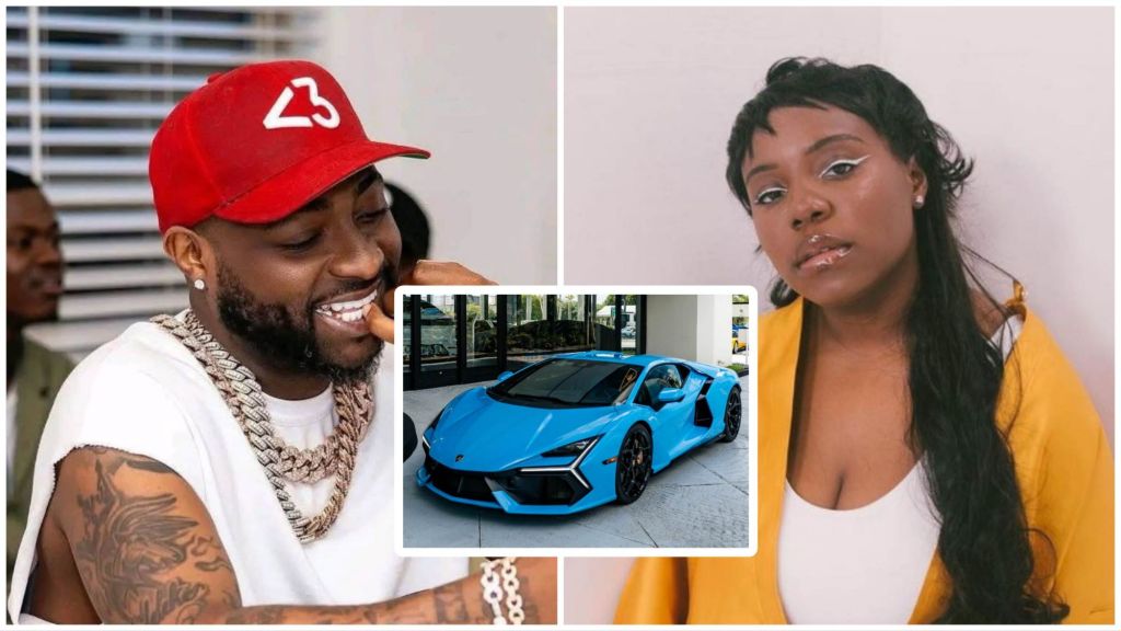 A collage featuring Davido smiling in a red cap on the left, singer Teni posing with graphic eyeliner on the right, and a bright blue Lamborghini sports car placed at the centre of the layout.