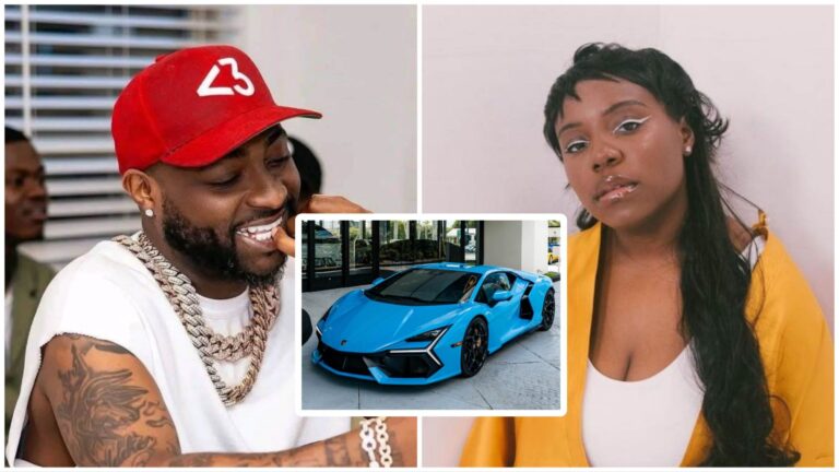 A collage featuring Davido smiling in a red cap on the left, singer Teni posing with graphic eyeliner on the right, and a bright blue Lamborghini sports car placed at the centre of the layout.