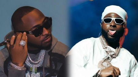 Side-by-side photos of Nigerian singer Davido; the left image shows him wearing dark sunglasses, a hoodie and diamond jewellery while holding a phone to his ear, and the right image shows him on stage in white attire, a headwrap, white sunglasses and sticking out his tongue.