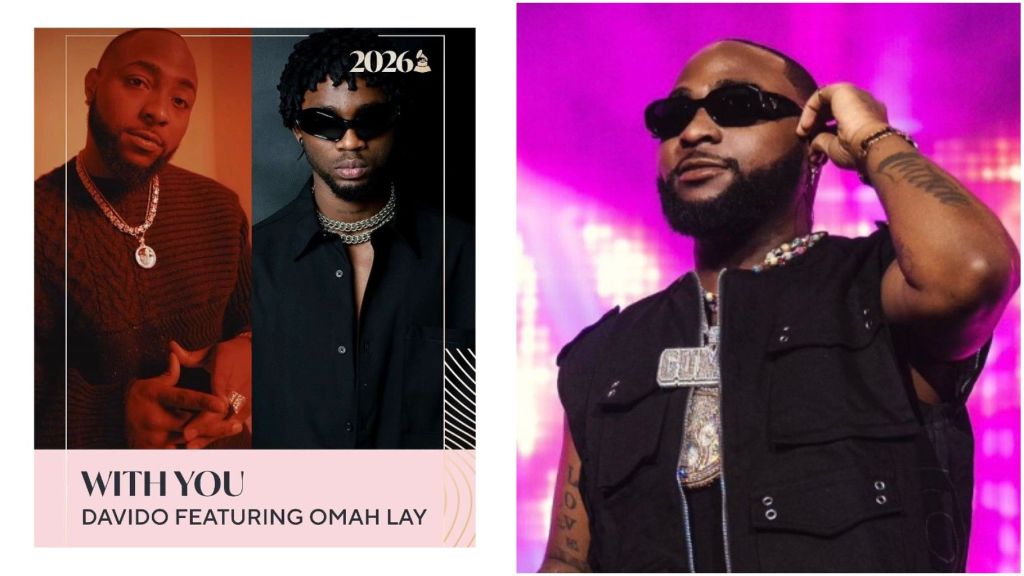 Side-by-side images showing Davido and Omah Lay on the left in the cover art for their song “With You,” and Davido performing on stage in a black outfit with pink stage lights in the background.