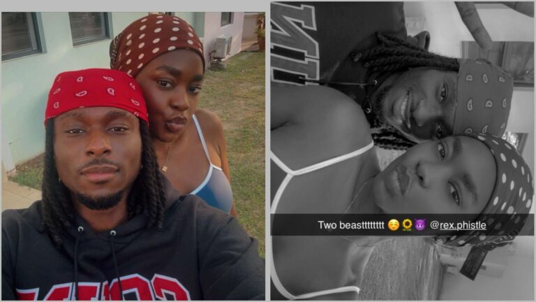 A collage of two photos showing Dede and Faith posing closely outdoors; the first image is in colour with both smiling at the camera, while the second is a black-and-white selfie of them making playful expressions.