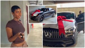 A collage showing BBNaija’s Dede standing with car keys in hand, next to her brand-new black Mercedes-Benz GLE 53 decorated with a large red bow on the bonnet; one inset photo shows her sitting inside the SUV.