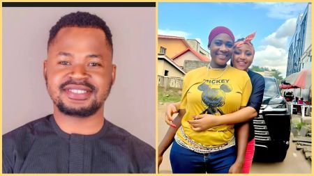 Side-by-side photo showing Delta State Governor’s aide Ossai Ovie on the left, and Nollywood actresses Mercy Johnson and Regina Daniels posing together outdoors on the right.