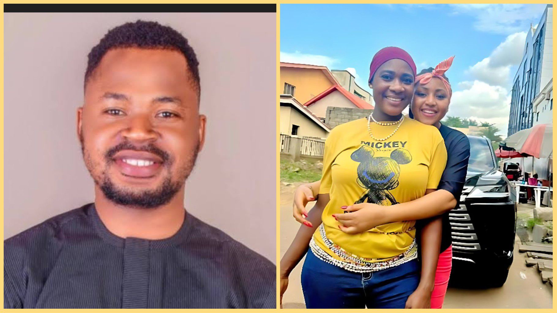 Side-by-side photo showing Delta State Governor’s aide Ossai Ovie on the left, and Nollywood actresses Mercy Johnson and Regina Daniels posing together outdoors on the right.