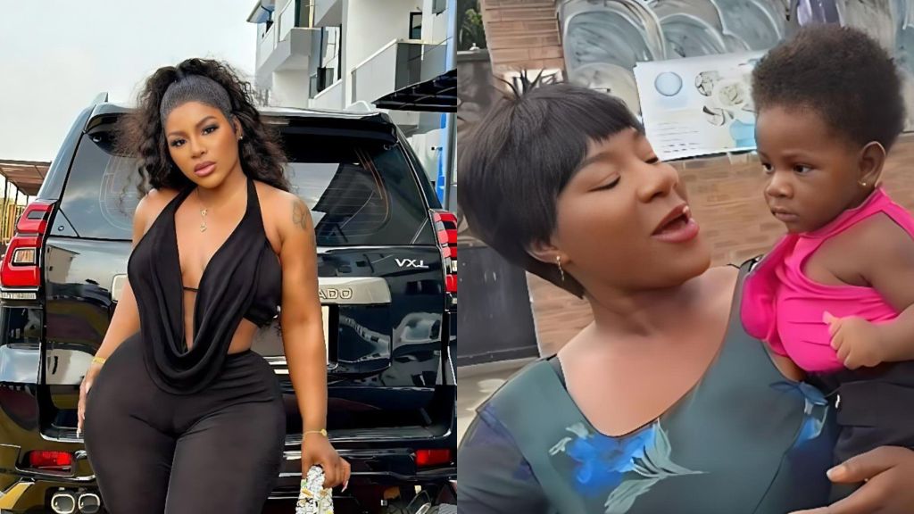 Actress Destiny Etiko poses beside her black SUV in one frame and lovingly holds her lookalike baby in another, smiling as she interacts with the child