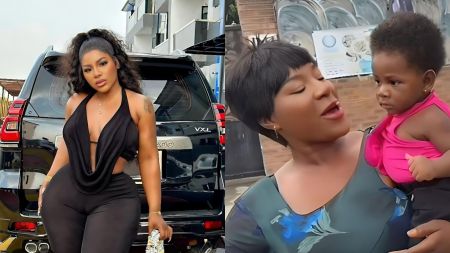 Actress Destiny Etiko poses beside her black SUV in one frame and lovingly holds her lookalike baby in another, smiling as she interacts with the child