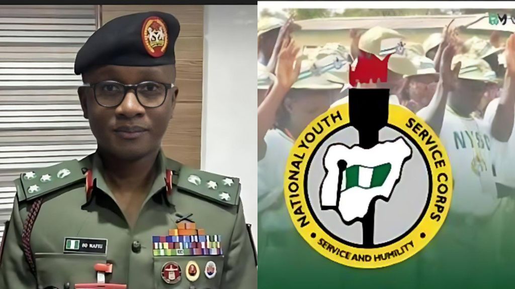 Brigadier General Olakunle Nafiu dressed in NYSC military uniform, standing indoors beside the NYSC logo and a background image of corps members raising their caps.