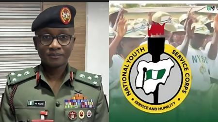 Brigadier General Olakunle Nafiu dressed in NYSC military uniform, standing indoors beside the NYSC logo and a background image of corps members raising their caps.