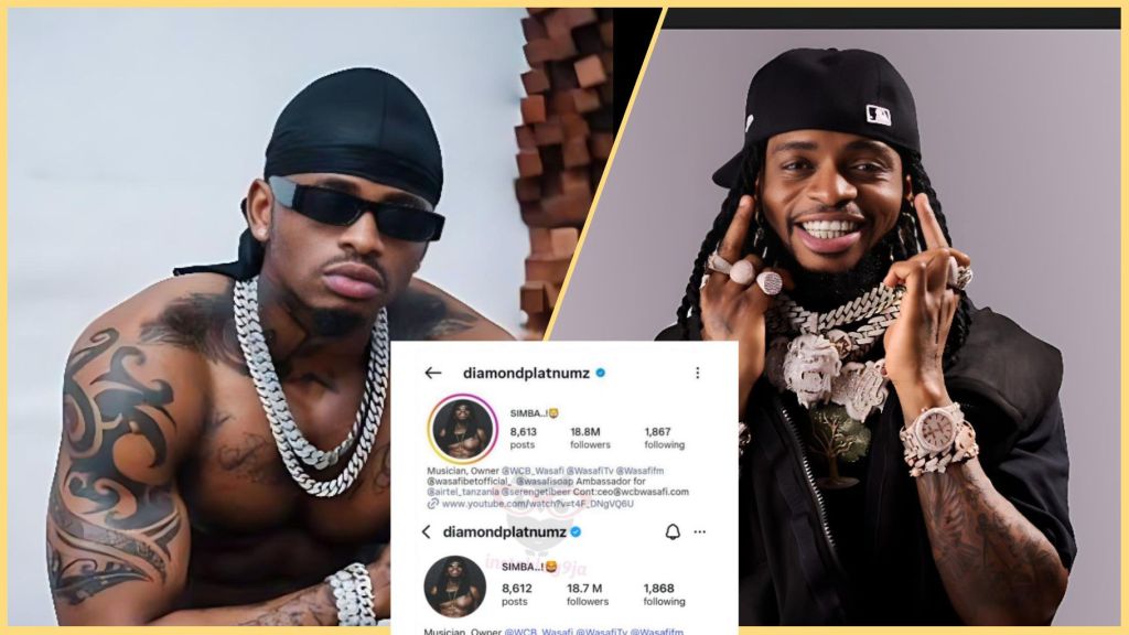 Collage showing Tanzanian singer Diamond Platnumz in two different poses, both wearing heavy jewellery and dark sunglasses, with a screenshot of his Instagram profile in the centre showing his follower count drop from 18.8 million to 18.7 million.