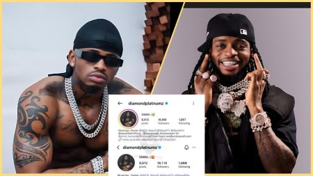 Collage showing Tanzanian singer Diamond Platnumz in two different poses, both wearing heavy jewellery and dark sunglasses, with a screenshot of his Instagram profile in the centre showing his follower count drop from 18.8 million to 18.7 million.