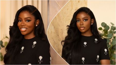 A portrait collage showing Diane Russet in two elegant photos, wearing a black dress with crystal embellishments. She has long wavy black hair, soft makeup, and poses indoors against warm-toned backgrounds with plants behind her.