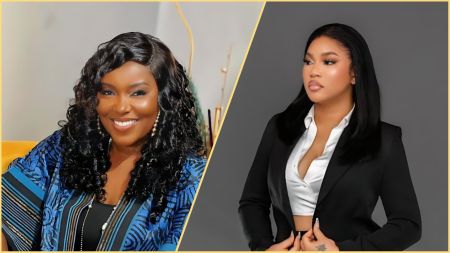 Side-by-side photo collage of actress Biola Adebayo smiling in a blue patterned outfit on the left, and beauty entrepreneur Diiadem posing in a black blazer over a white shirt on the right.