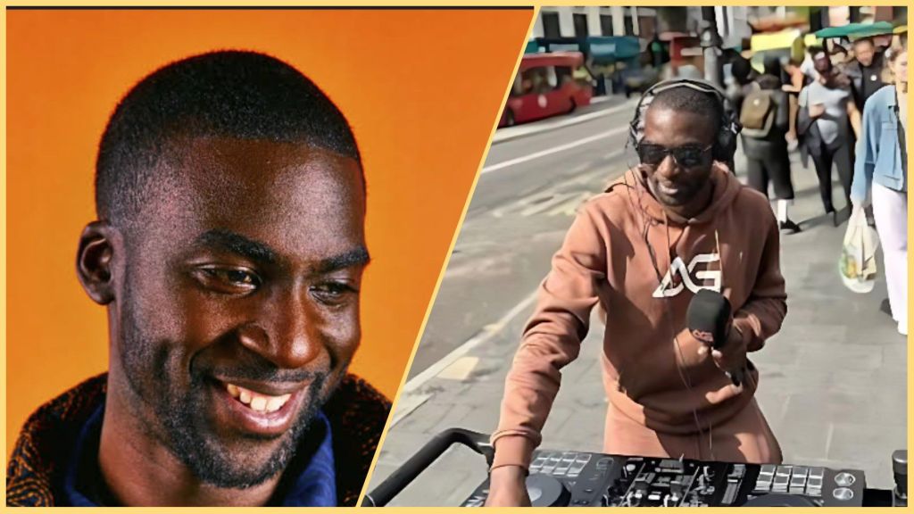 Side-by-side collage showing UK DJ AG smiling in a studio portrait on the left, and performing an outdoor street DJ set in casual wear on the right.
