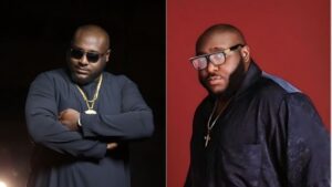 Side-by-side photos of DJ Big N; the left image shows him wearing dark sunglasses and a black outfit with gold jewellery, while the right image shows him in clear-framed glasses and a dark outfit against a red background.