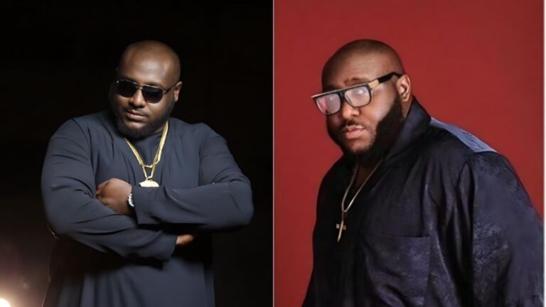 Side-by-side photos of DJ Big N; the left image shows him wearing dark sunglasses and a black outfit with gold jewellery, while the right image shows him in clear-framed glasses and a dark outfit against a red background.