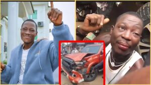 Collage showing Nigerian entertainer DJ Chicken smiling in a blue hoodie on the left, and on the right, a bruised DJ Chicken with a swollen eye after a mob attack, with an inset image of the damaged orange car from the Sagamu accident.