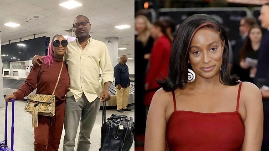 DJ Cuppy poses with her father Femi Otedola at an airport, while another image shows her sister Temi Otedola on a red carpet.