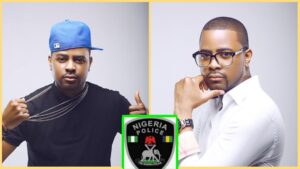 A photo collage showing Nigerian disc jockey DJ Xclusive in two poses, alongside the Nigeria Police logo at the centre