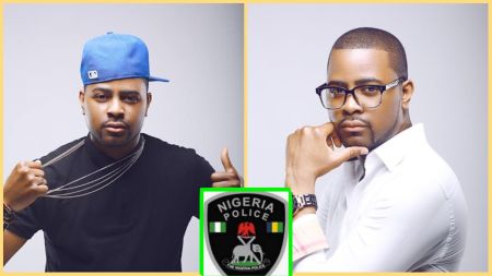 A photo collage showing Nigerian disc jockey DJ Xclusive in two poses, alongside the Nigeria Police logo at the centre