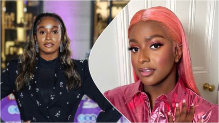 A split image of DJ Cuppy. The left side shows her with long wavy dark hair wearing a black embellished blazer, while the right side shows her with straight pink hair and a shiny pink top, posing indoors.