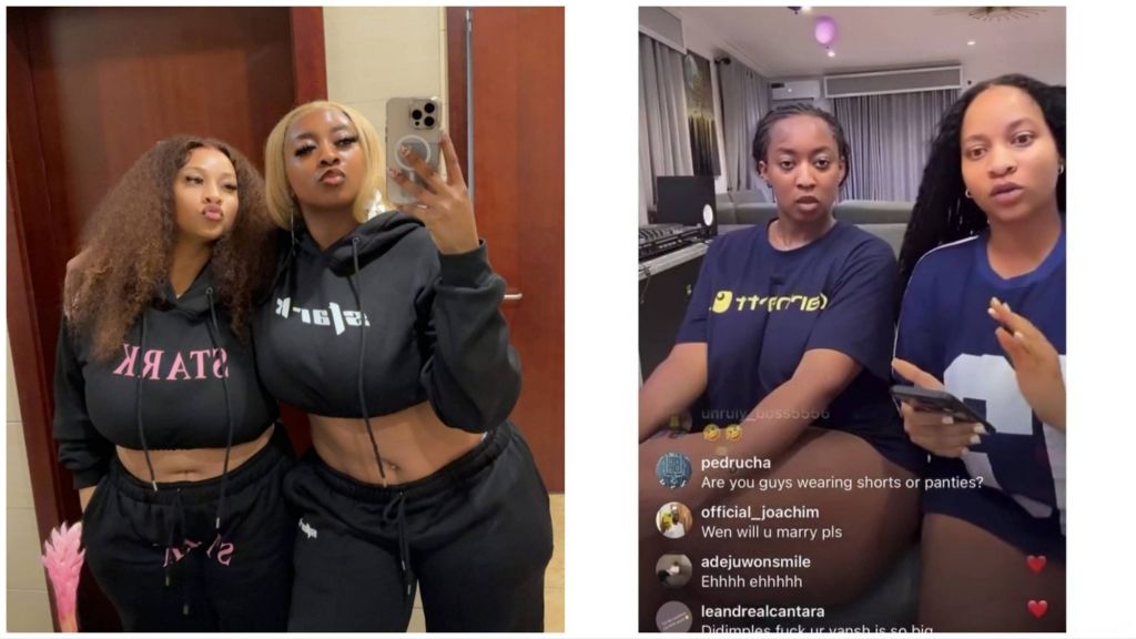 DJ Dimple Nipple and her best friend pose together in matching black crop hoodies for a mirror selfie, and appear in another frame sitting side by side during an Instagram Live session, engaging with their followers.