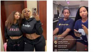 DJ Dimple Nipple and her best friend pose together in matching black crop hoodies for a mirror selfie, and appear in another frame sitting side by side during an Instagram Live session, engaging with their followers.