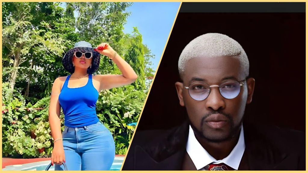 Side-by-side collage showing Regina Daniels posing outdoors in a blue top and jeans with a sunhat and sunglasses, and OAP Do2dtun in a studio portrait wearing glasses and a suit.