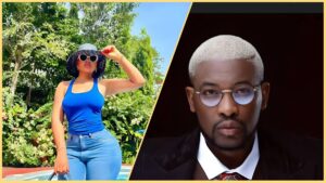 Side-by-side collage showing Regina Daniels posing outdoors in a blue top and jeans with a sunhat and sunglasses, and OAP Do2dtun in a studio portrait wearing glasses and a suit.