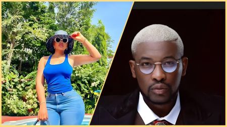 Side-by-side collage showing Regina Daniels posing outdoors in a blue top and jeans with a sunhat and sunglasses, and OAP Do2dtun in a studio portrait wearing glasses and a suit.