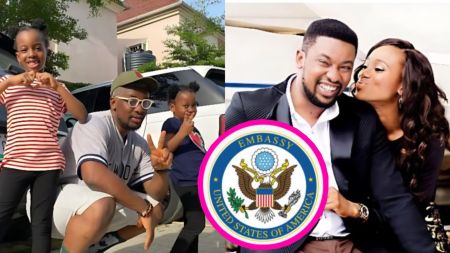 A photo collage showing OAP Do2dtun posing outdoors with his two daughters on the left, and an older portrait of Do2dtun with his ex-wife on the right, with the United States Embassy seal placed at the centre.