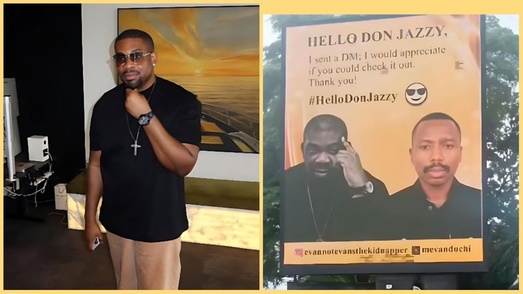 Don Jazzy pictured beside a billboard on Ozumba Mbadiwe Road, Victoria Island, Lagos, displaying his image and that of a fan who mounted the sign to get his attention, with the message “Hello Don Jazzy, I sent a DM; I would appreciate if you could check it out.”