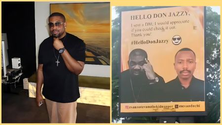 Don Jazzy pictured beside a billboard on Ozumba Mbadiwe Road, Victoria Island, Lagos, displaying his image and that of a fan who mounted the sign to get his attention, with the message “Hello Don Jazzy, I sent a DM; I would appreciate if you could check it out.”